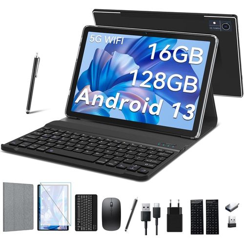 Tablet 10 Zoll, 5G WiFi Android 16 GB RAM + 128 GB ROM (1 TB TF), 2-in-1-Tablet mit Tastatur, Maus, Stift, Octa-Core 2,0 GHz | 7000 mAh | 1080 FHD