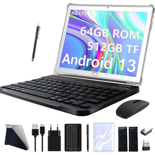 Tablet 10 Zoll Android 13,4G LTE Tablets Mit 2 SIM 1 SD, 2-in-1 Tablet Mit Tastatur Maus Stift-64GB ROM 512GB TF |Octa-Core |1080P FHD|13MP |6000mAh
