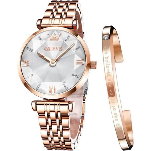 Damenuhren Roségold Diamant Kleines Gesicht Edelstahlarmband Analoge Quarz Armbanduhren mit Kalender Leuchtend Wasserdicht Armreif Geschenke Set