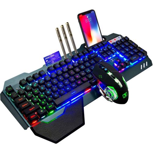 Gaming-Tastatur mit mechanischem Gefühl, Regenbogen-Hintergrundbeleuchtung, wiederaufladbarer 3800-mAh-Akku mit Abnehmbarer Handauflage +7-Farben