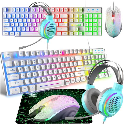Gaming Tastatur Headset & Maus Set, 104 Tasten Rainbow Backlit UK Layout Tastatur 2400DPI Maus 7.1 Surround Sound RGB Leichte Waben Headset Mauspad