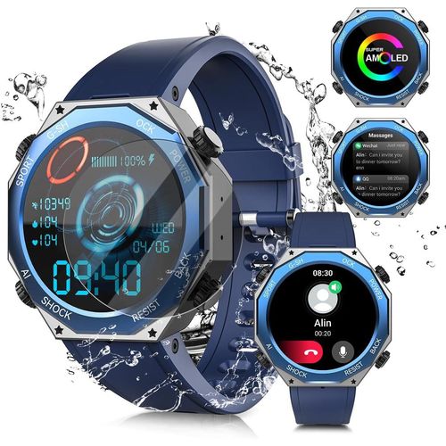 Smartwatch Herren mit Telefonfunktion 1.45 AMOLED Outdoor Uhr mit Herzfrequenzmonitor Schlafmonitor Blutdruckmessung Pulsuhr 680mAH IP69 Wasserdicht