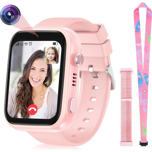 Kinder-Smartwatch, IP67, wasserdicht, mit GPS-Ortung, Telefonkamera, SOS, Anruf, Schrittzähler, Touchscreen, Video-Chat für Android und iOS (Pink)