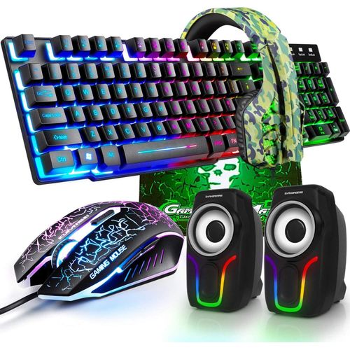 Gaming-Tastatur mit Regenbogen-Hintergrundbeleuchtung, USB-Tastatur+2400 DPI optische Regenbogen-LED-Maus+Gaming-Headset+RGB-Lautsprecher+Mauspads
