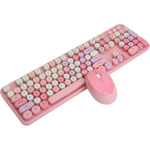 Tastatur- und Mausset, 2,4 GHz 104 Tasten Retro Schreibmaschinenstil Office Desktop Mechanische Tastatur Mäuse Kombination mit Multimedia-Taste(Rosa