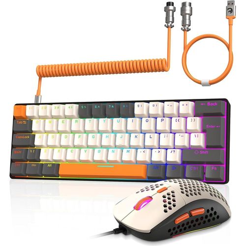 Kabelgebundene Gaming-Tastatur und -Maus-Kombination mit spiralförmigem USB-C-Kabel T60 Pro – kompakte 60 % UK-Layout (QWERTY) 6400 DPI ultraleichte