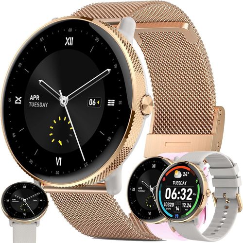 Fur Damen Smartwatch mit Telefonfunktion, 5ATM Diamond Fitnessuhr Schrittzähler Herzfrequenz SpO2, Schlafmonitor, 123 Sportmodi Sport