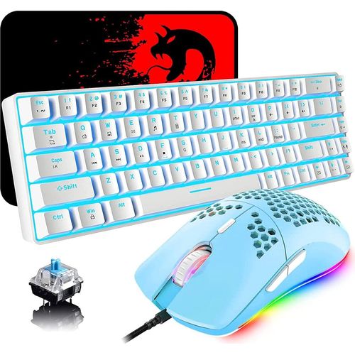 Tastatur und Maus Gaming Set, 68 Tasten Blauer Schalter 60% Mini Eisblaue Backlit Mechanische Tastatur Weiß, 6400DPI Leichte Programmierbar Maus