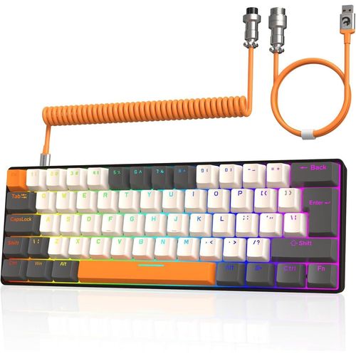 Kabelgebundene Gaming-Tastatur mit spiralförmigem USB-C-Kabel – kompakte mechanische Tastatur mit 60 % UK-Layout (QWERTY), 19 Regenbogen-RGB