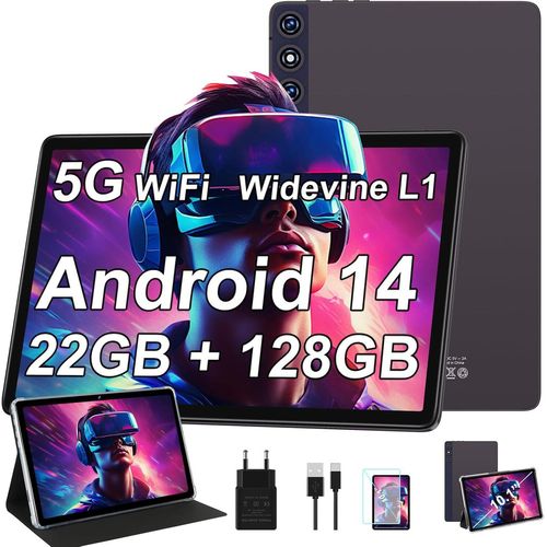 Tablet PC 10 Zoll Android 14 Tablet mit 22GB RAM+128GB ROM(1TB TF),FHD 1280 * 800 Tablets mit 5G WLAN Octa-Core 2.0GHz, 8000mAh, Metallgehäuse,5MP+8MP