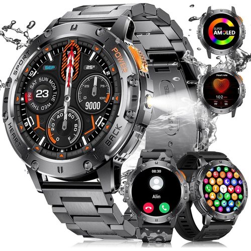 Militär-Smartwatch für Herren mit Telefonfunktion, AMOLED-Bildschirm, mit LED-Taschenlampe für Android iOS, IP68 wasserdicht 24-Stunden-Herzfrequenz