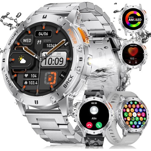 Militär-Smartwatch für Herren mit Telefonfunktion, AMOLED-Bildschirm, mit LED-Taschenlampe für Android iOS, IP68 wasserdicht 24-Stunden-Herzfrequenz