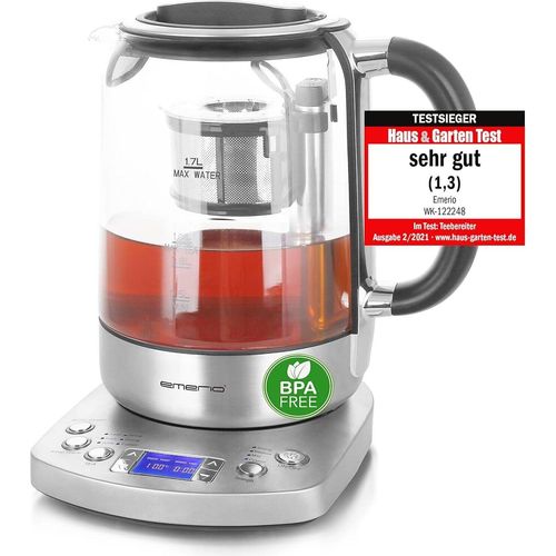 Glas Teekocher Wasserkocher mit Note 1.3 - Automatisches Teesieb, Absenkautomatik, BPA-frei, 1.7L, Temperaturwahl, 2200W, Schwarz/Silber