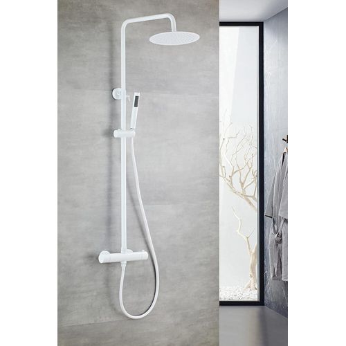 Duschsystem aus Edelstahl | Weiß | Mit Regenduschkopf und Handbrause | Hochwertiger Edelstahl | Modernes und zeitloses Design