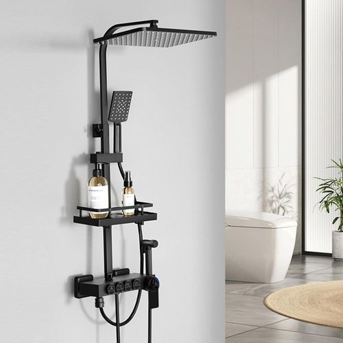 Duschsystem mit großer Regendusche, Handbrause, mit Höheverstellbarer Duschstange (Thermostat-Schwarz-2)