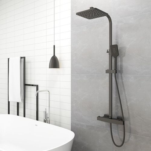 Duscharmatur Set, Chrom, 38°C Thermostat Duschsystem mit Regenduschkopf, 1 Funktion Handbrause, Anti-Verbrühung Duscharmatur Bar Kit, Cool Touch