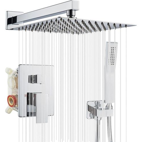 Duschsystem unterputz mit 2 Funktionen, 25 * 25cm quadratische ultradünne Regenbrause mit Lufteinspritztechnik, Messing-Ventilkörper (Chrom)