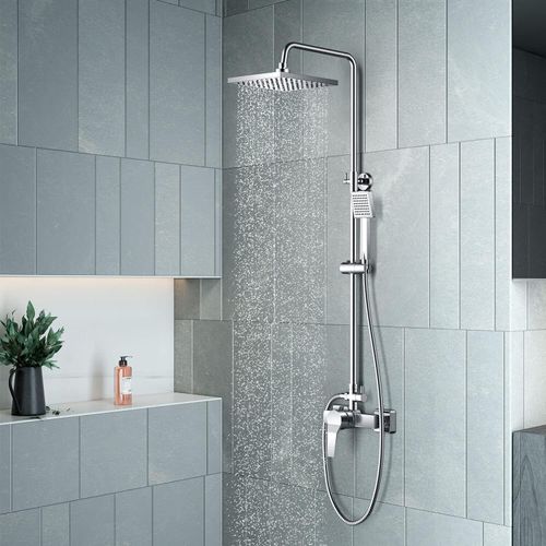 Duschsystem mit Einhebelmischer Duscharmatur,Verstellbare Duschstange und Eckige Kopfbrause, Regendusche mit Armatur, Silber