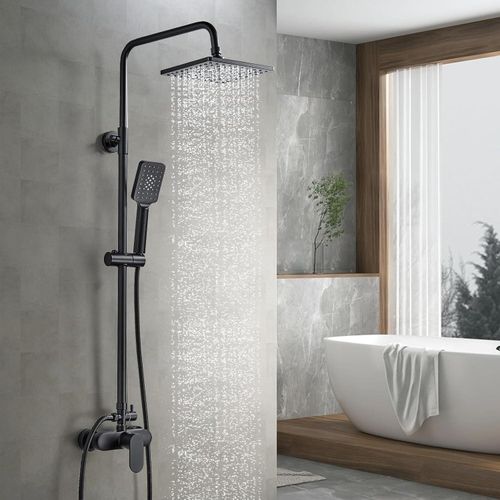 Duschsystem mit Duscharmatur Schwarz, Regendusche Höhenverstellbar, Duschamaturenset inkl Mischbatterie Dusche, Kopfbrause, Handbrause, Brausestange