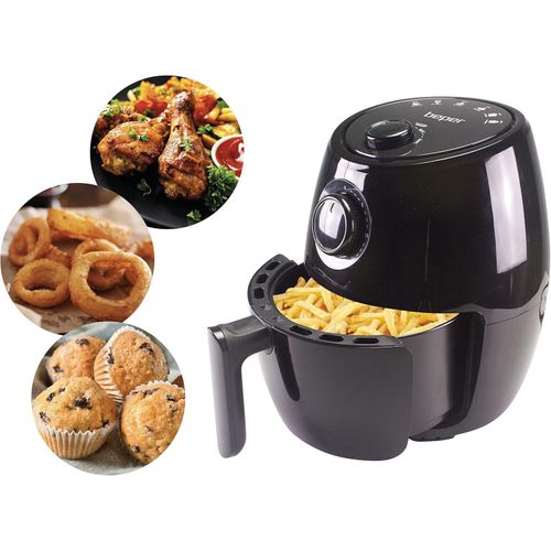 Heißluftfritteuse, ölfrei, Timer und Temperatur einstellbar, abnehmbarer Behälter und Gitter, 2 Liter Fassungsvermögen, 1000 Watt, Schwarz