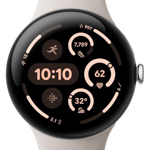 Google Pixel Watch 3 (45 mm) - Android Smartwatch, Fitbit Herzfrequenz, 24h Akku, poliertes Silber, Porzellanband, Wi-Fi