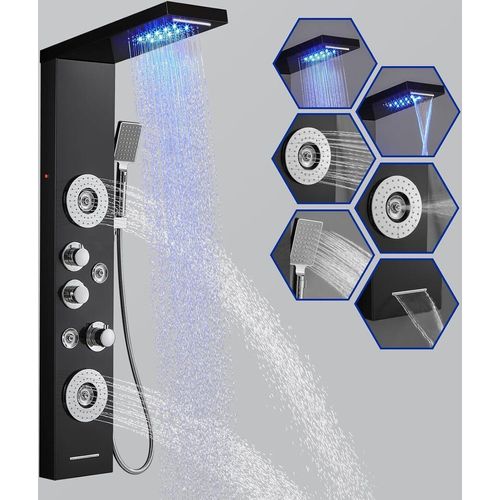 Duschpaneel mit Thermostat LED, 5-Funktion (Regendusche, Wasserfall, Massagedusche, Handbrause und Badewanneneinlauf), 304 Edelstahl Duschsäulen