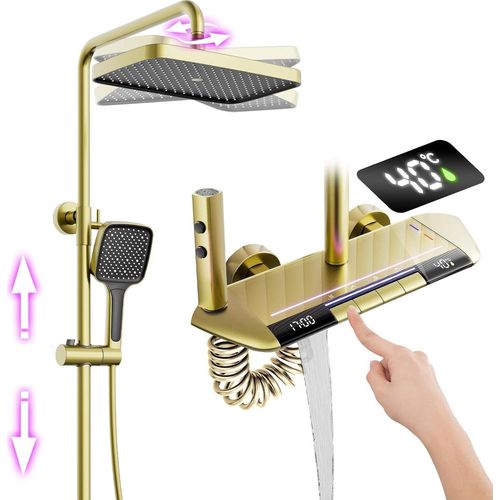 Thermostat Gold Digitale Anzeige Mischbatterie Duschset mit Regendusche, 3 Modus Handbrause, Bidet Sprayer, Wasserfall-Badewannenarmatur, Wandmontiert