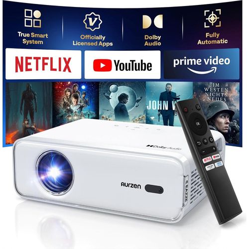 Smart Beamer Heimkino Projektor: Beamer 4K Unterstützt Full HD 1080P Beamer mit NetfIix Officially & DoIby Audio, Autofokus & Trapezkorrektur