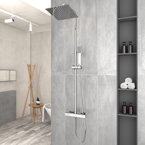 Duschsystem mit Thermostat Wassersparend mit Handbrause und t Kopfbrause Rechteckig,Thermostat Duschset 304 rostfreier Stahl (Chrom)
