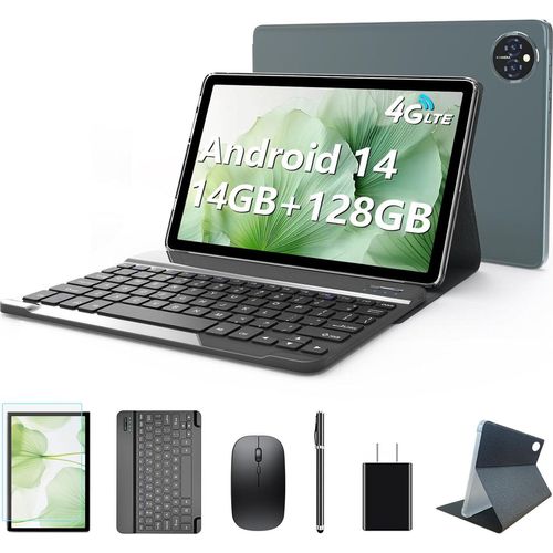 Tablet Android 14, Tablets 10 Zoll, 4G LTE 5GHz WiFi PC, 14GB RAM+ 128GB ROM (1TB TF), Octa-Core FHD 1920x1200 Incell IPS, 8000mAh, 13MP + 8MP,