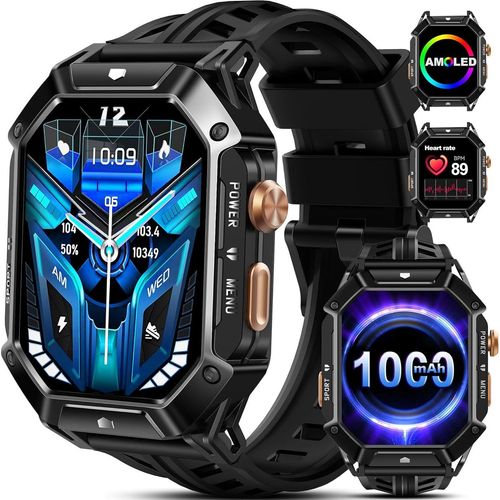 Smartwatch Herren X1,1000mAh AKKU 30 Tage Nutzung/5ATM Wasserdicht Militäruhr herren mit Kompass,2,13”Amoled Display 2024 Neu mit Herzschlag Barometer