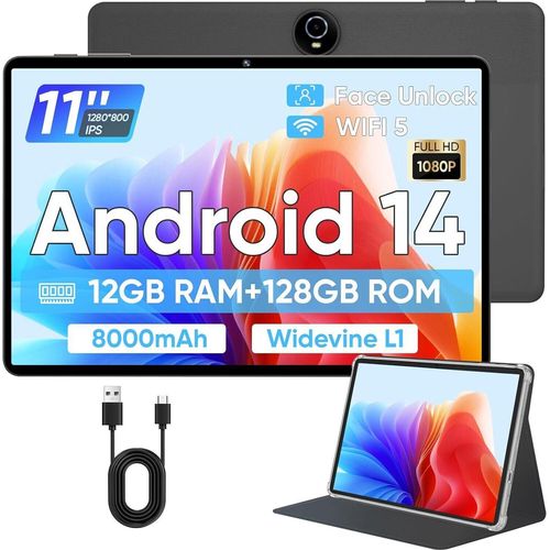 Tablet 11 Zoll Android 14 Tablets, 12GB(6+6Expansion) RAM 128GB ROM(1TB TF) Octa Core T606, 8000mAh Akku, Display Widevide L1, Dual Kamera, BT 5.0