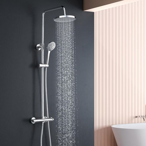 Regendusche mit armatur,YOOZENA Duschsystem Duscharmatur mit Thermostat, Duschkopf mit schlauch und halterung, Dusche regendusche set,Chrome Rund