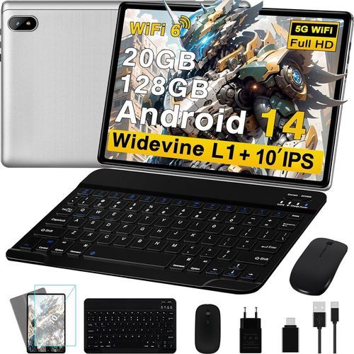Tablet Android 14 10 Zoll PC 5G WiFi 6 Octa-Core | 20GB RAM + 128GB ROM (TF 1TB) FHD Doppelkamera 6000mAh Bluetooth 5.0, Widevine L1, UJJ Tastatur