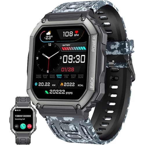Herren Smartwatch mit Telefonfunktion, AMOLED 5ATM wasserdichte Fitness Taschenlampe Schrittzähler, Herzfrequenz, SpO2, Sportuhr, Aktivitätstracker