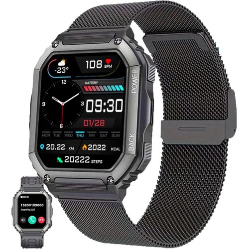 Herren Smartwatch mit Telefonfunktion, AMOLED 5ATM wasserdichte Fitness Taschenlampe Schrittzähler, Herzfrequenz, SpO2, Sportuhr, Aktivitätstracker