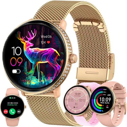Fur Damen mit Telefonfunktion, 5 ATM Fitness Schrittzähler Herzfrequenz SpO2 Schlafmonitor, Sportuhr Aktivitätstracker