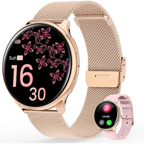 Fur Damen mit Telefonfunktion, runde Full-Touch-HD-Bildschirmuhr SpO2/Menstruationszyklus/Schlafmonitor/IP68 wasserdicht/Fitnesstracker