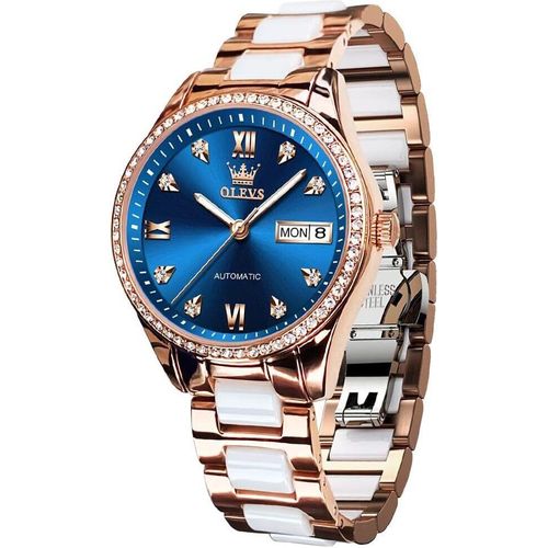 Dreizeiger-Analoganzeige Damen-Automatikuhr, Diamant-Lünette, modisch, wasserdicht, Kalender, zweifarbig, Edelstahl-Keramik-Armband