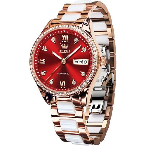 Dreizeiger-Analoganzeige Damen-Automatikuhr, Diamant-Lünette, modisch, wasserdicht, Kalender, zweifarbig, Edelstahl-Keramik-Armband