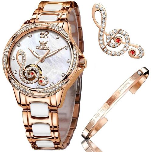 Damenuhren mit Automatikaufzug Damenuhren in Roségold mit Diamanten Luxuskleider weiße Keramikarmbanduhren Damen Armbanduhren
