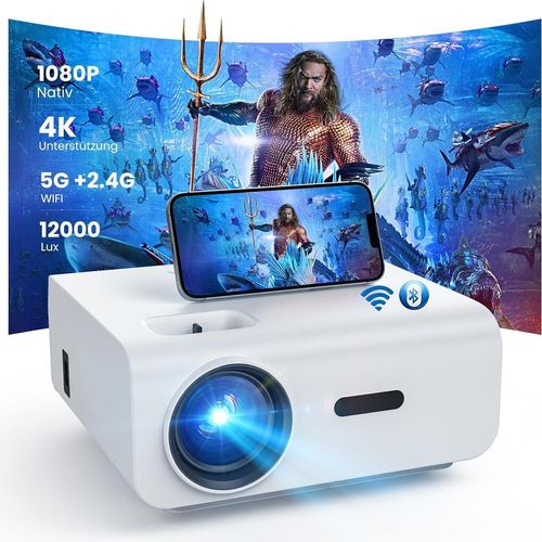 Mini Beamer WiFi Bluetooth Full HD 1080P, 4K Heimkino Projektor mit Zoomfunktion, 300'' Display, Outdoor, Kompatibel mit Smartphone, HDMI, USB, PS5,