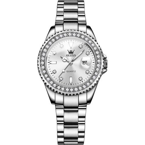 OLEVS Damenuhr Silber, Luxus Eleganz Diamant Quarz Uhr Damen, Leuchtend Wasserdicht Edelstahl mit Datum