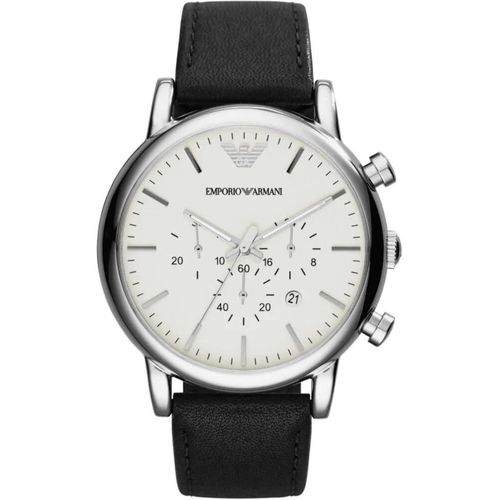 Elegante Chronograph-Uhr mit 46mm Edelstahlgehäuse schwarzem Zifferblatt Lederarmband präzisem Uhrwerk & 50m Wasserbeständigkeit.