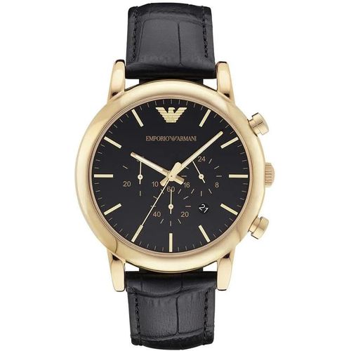 Elegante Chronograph-Uhr mit 46mm Edelstahlgehäuse schwarzem Zifferblatt Lederarmband präzisem Uhrwerk & 50m Wasserbeständigkeit.