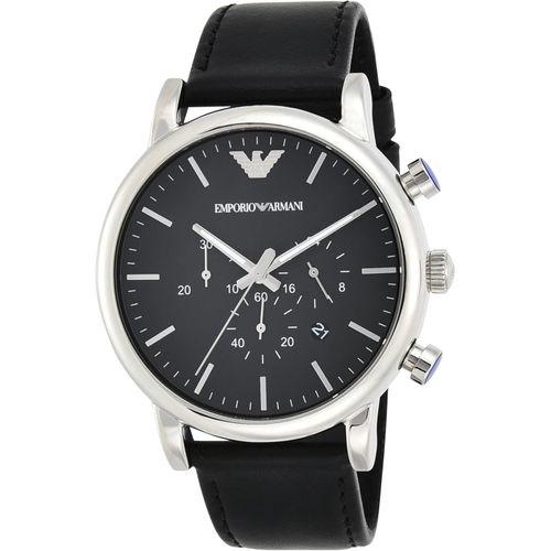 Elegante Chronograph-Uhr mit 46mm Edelstahlgehäuse schwarzem Zifferblatt Lederarmband präzisem Uhrwerk & 50m Wasserbeständigkeit.