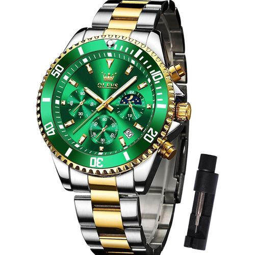 Multifunktionsuhr für Herren mit Datum, Golde und Silber Edelstahl Analog Uhren für Herren, Klassische Drehbarer Lünette Herren Armbanduhr