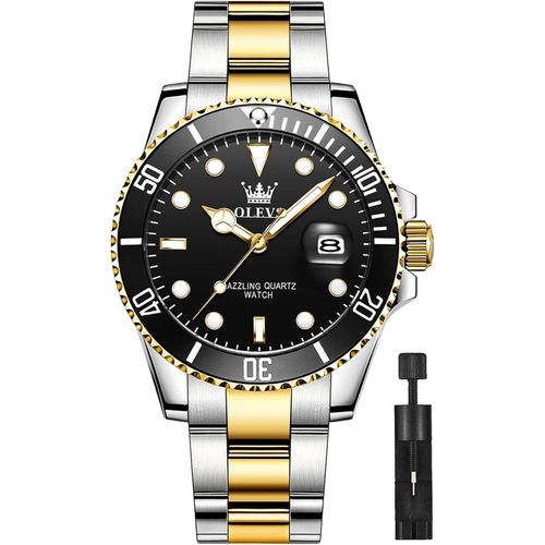 Multifunktionsuhr für Herren mit Datum, Golde und Silber Edelstahl Analog Uhren für Herren, Klassische Drehbarer Lünette Herren Armbanduhr
