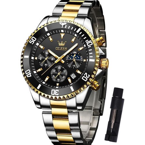Multifunktionsuhr für Herren mit Datum, Golde und Silber Edelstahl Analog Uhren für Herren, Klassische Drehbarer Lünette Herren Armbanduhr