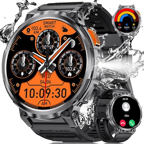 mit Telefonfunktion,1.85'' Militär 730mAh Lange Akkulaufzeit,LED Taschenlampe,IP68 Wasserdicht Fitnessuhr mit 100+ Sportmodi,Gesundheitsüberwachung